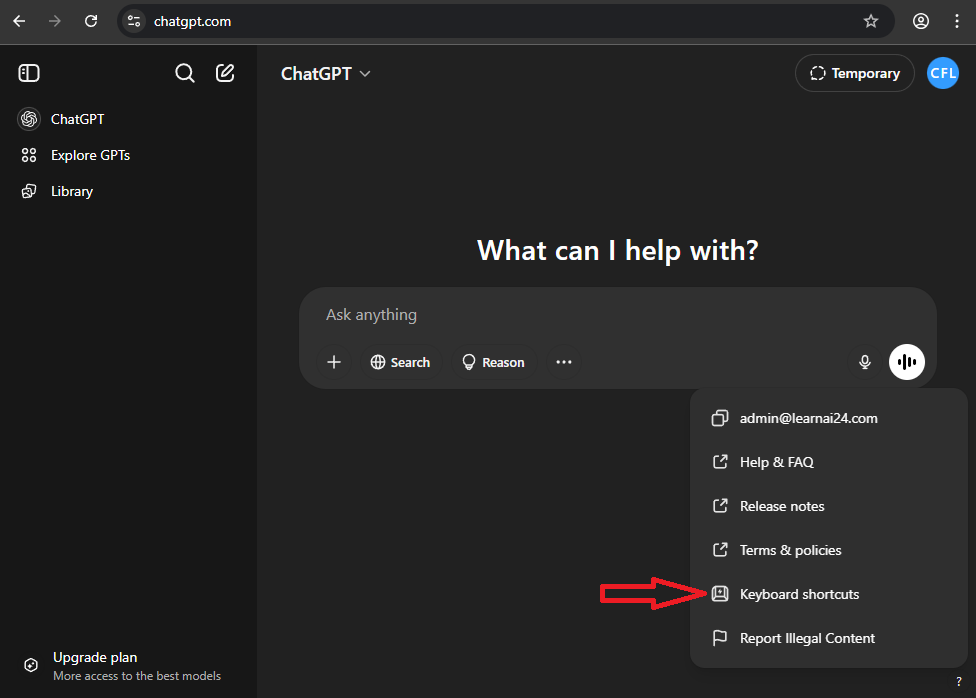 Keyboard shortcut option selected