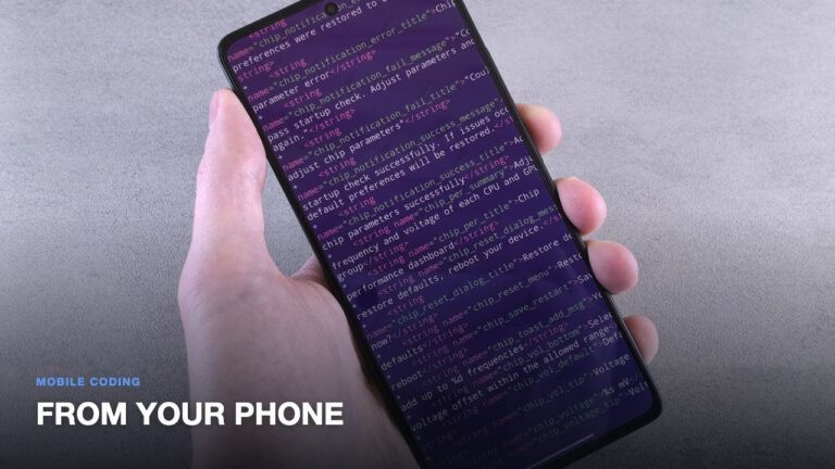 Hand holding a smartphone showing lines of code, illustrating coding from your phone with asynchronous AI agents
