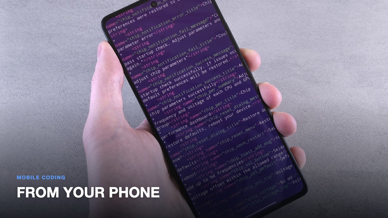 Hand holding a smartphone showing lines of code, illustrating coding from your phone with asynchronous AI agents