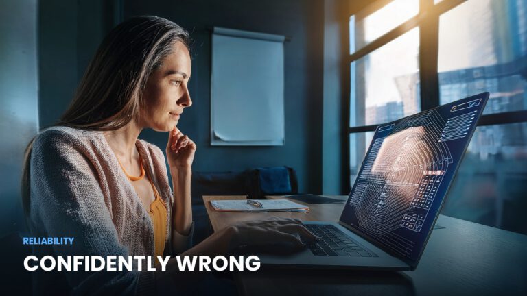 A person at a desk looking thoughtfully at a laptop, illustrating AI reliability and confident errors
