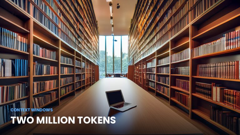 A vast library reading room with a single laptop, illustrating a two million token context window