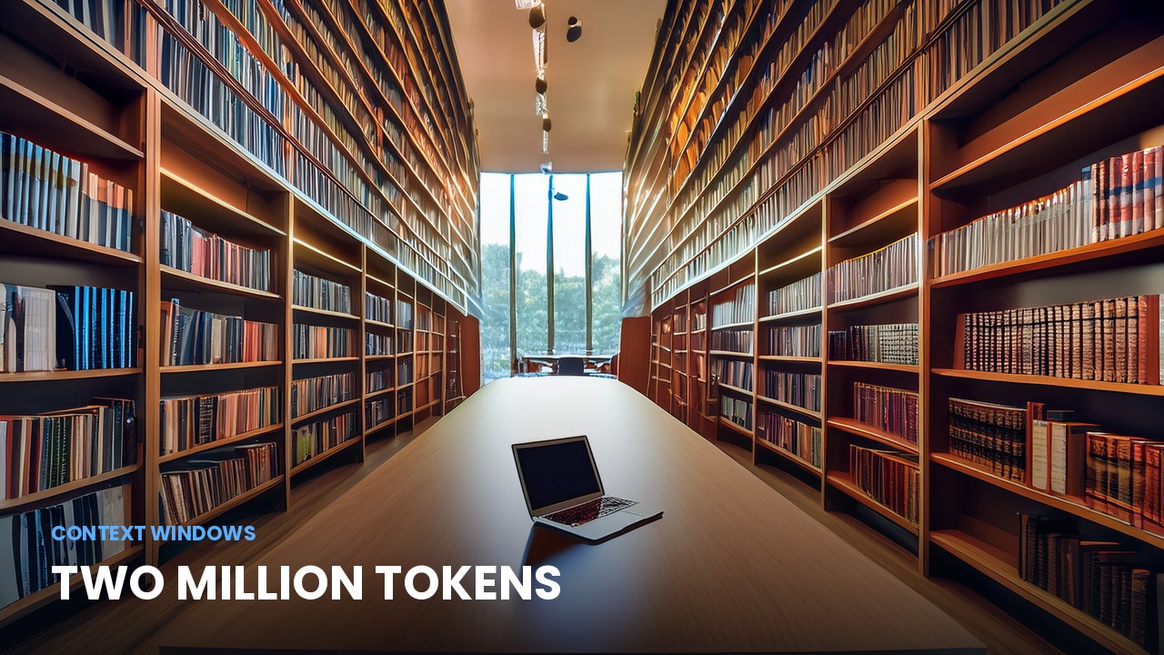 A vast library reading room with a single laptop, illustrating a two million token context window