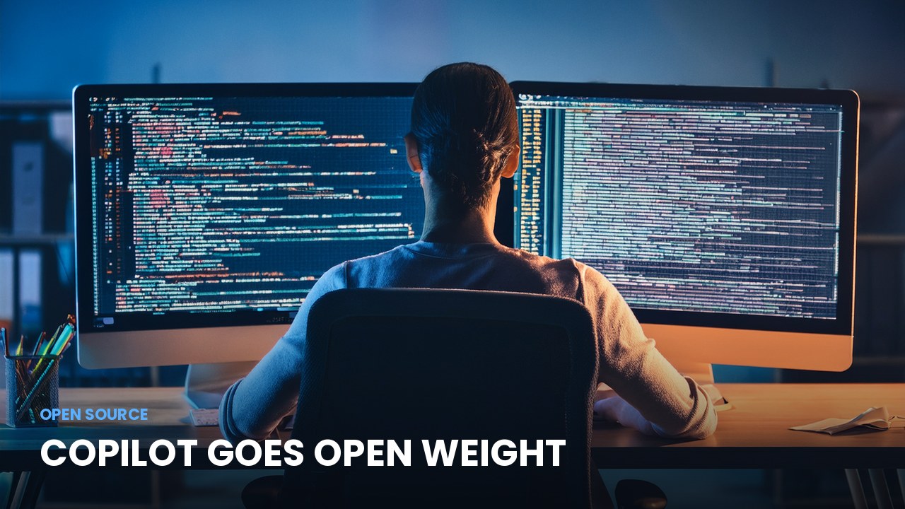 A developer workstation with dual monitors showing abstract code, illustrating an open-weight coding model