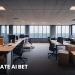 An empty open-plan office with vacant desks and packed boxes, illustrating Meta job cuts amid delayed AI plans