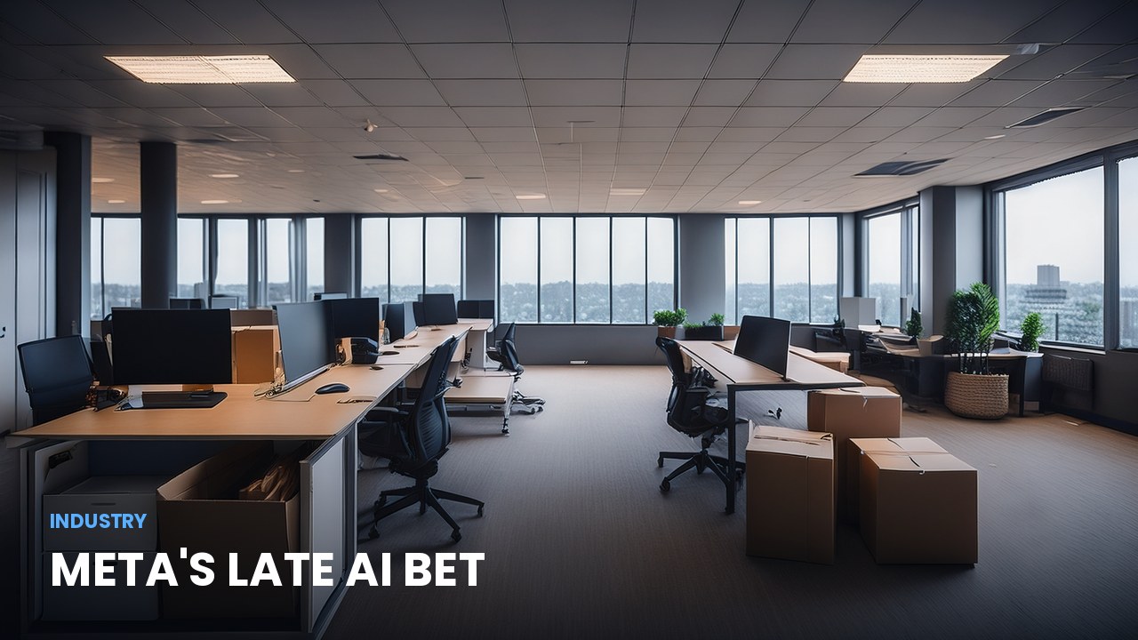 An empty open-plan office with vacant desks and packed boxes, illustrating Meta job cuts amid delayed AI plans