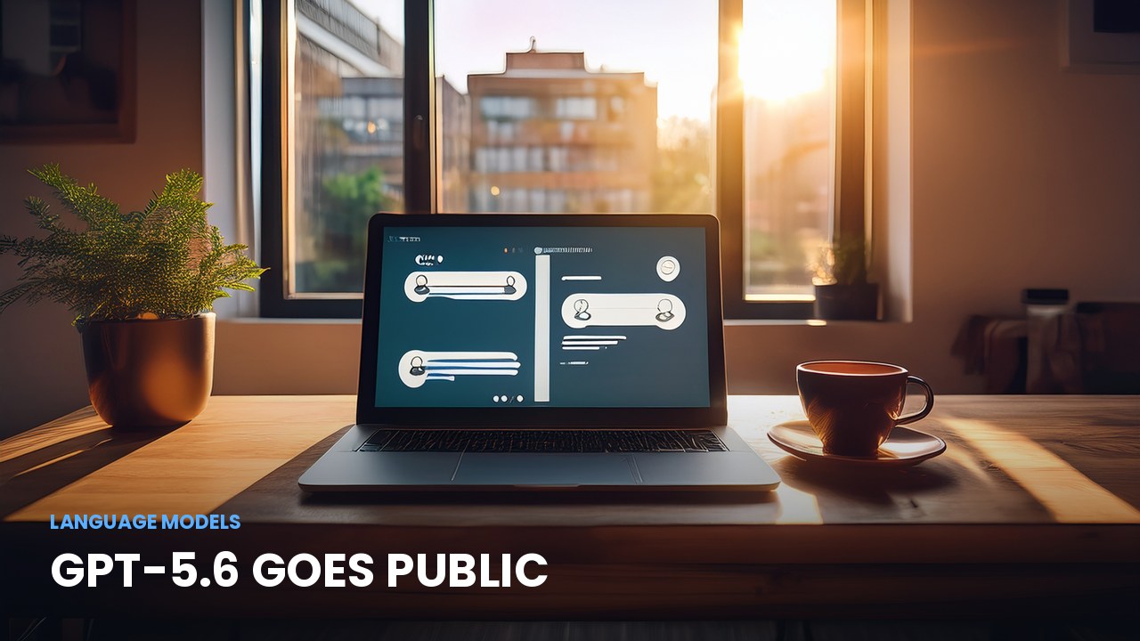 Laptop on a desk in warm morning light showing an abstract chat interface, illustrating the public GPT-5.6 launch
