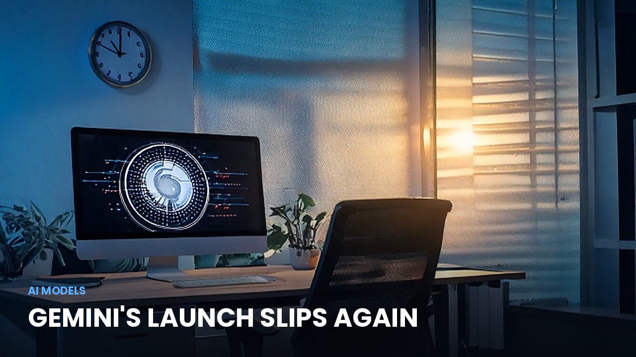 Quiet tech office at dusk with a wall clock, illustrating the delayed AI model launch