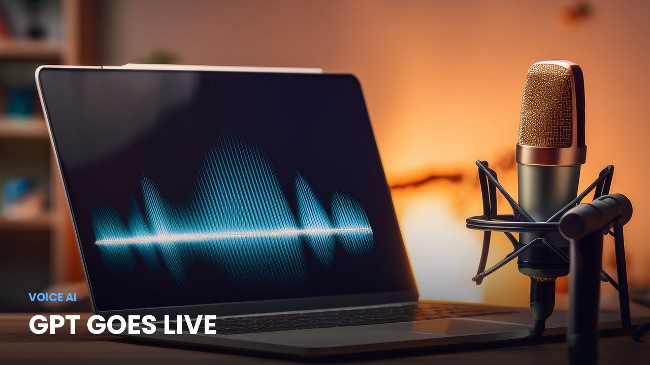 A studio microphone beside a laptop showing an audio waveform, illustrating live voice AI