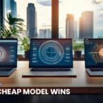 Three laptops side by side showing different dashboards, illustrating a comparison of cheap frontier AI models