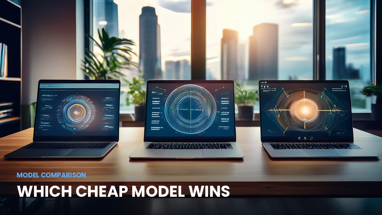 Three laptops side by side showing different dashboards, illustrating a comparison of cheap frontier AI models