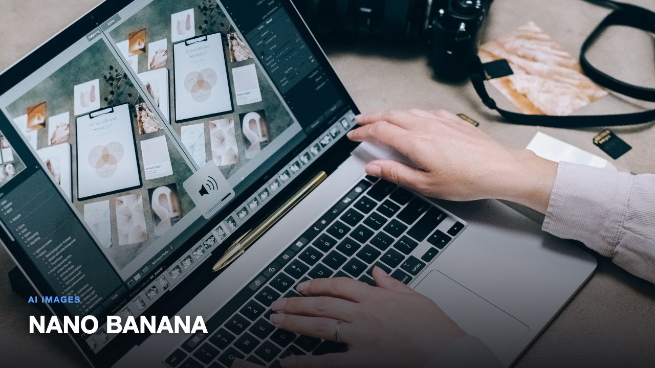 Person editing a grid of photos on a laptop screen, illustrating AI image generation and editing with Google Nano Banana models