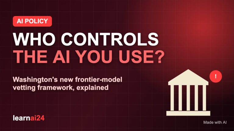 Illustration of a government building with a red alert seal representing US vetting of frontier AI models