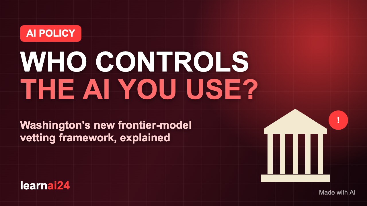 Illustration of a government building with a red alert seal representing US vetting of frontier AI models